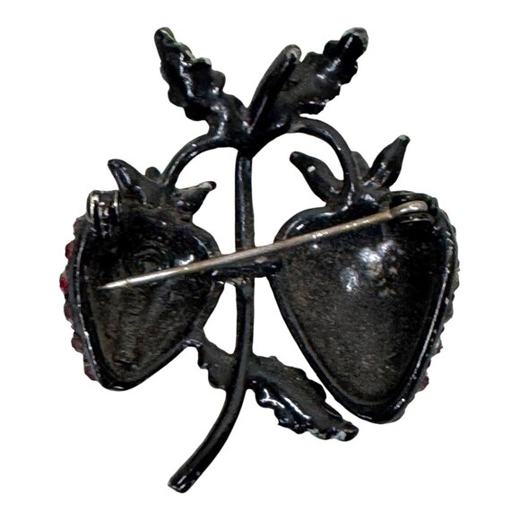 Vintage Signed Weiss Rhinestone Double Strawberry Fruit Cluster Crystals Brooch - Picture 2 of 9